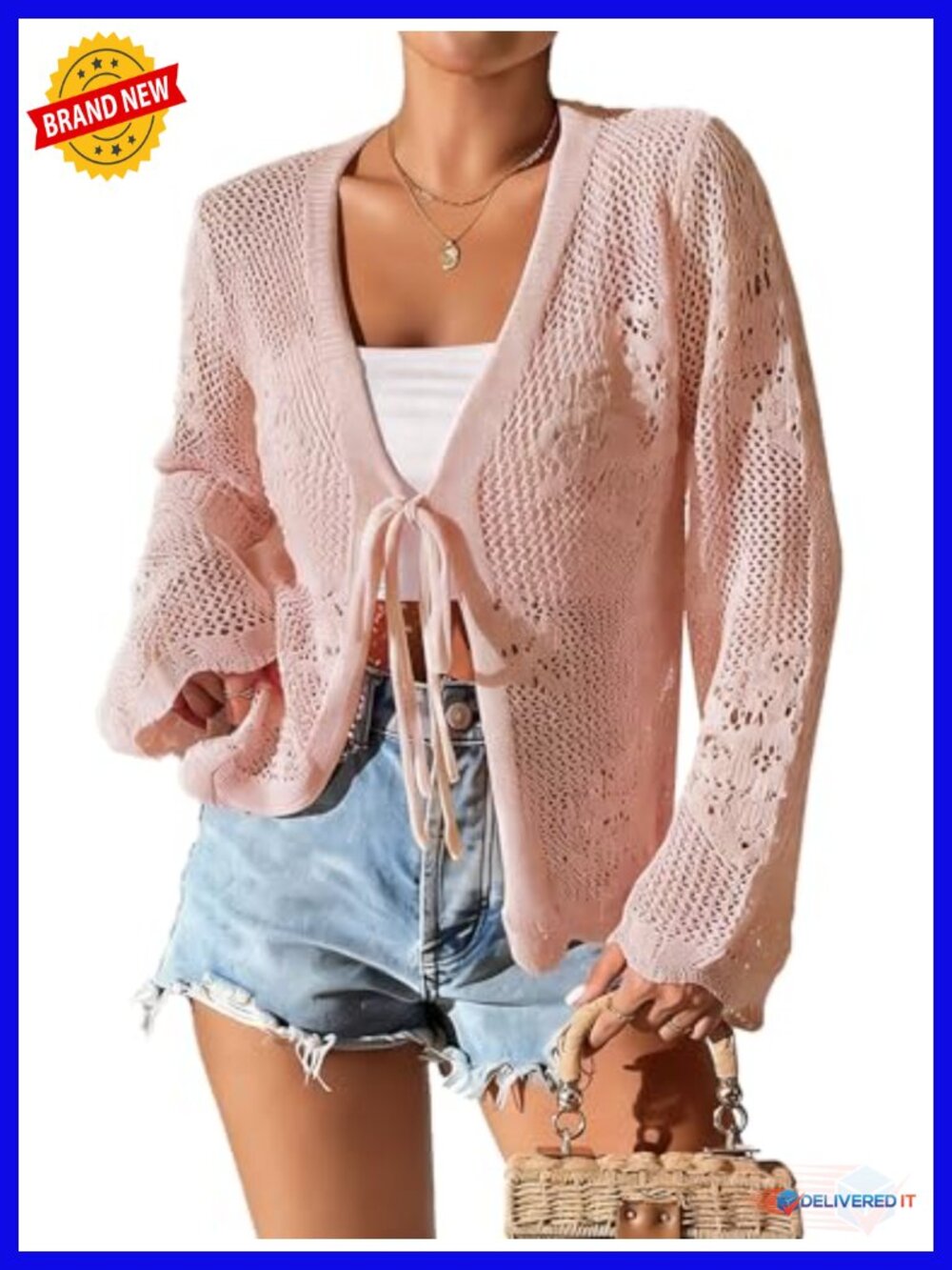 Crochet Knit Long Bell Sleeve Tie Front Cardigan Lightweight Mesh
